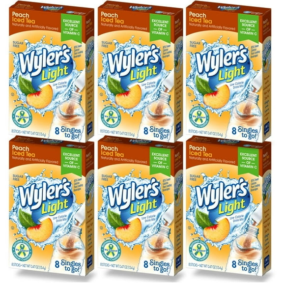2 Pack-Wylers Light Singles To Go (6 Pack), Peach Iced Tea Water Drink Mix, 48 Total Powder Drink Mix Packets Packaing may vary