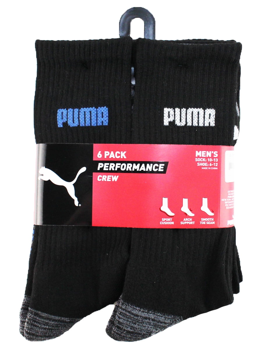 Puma Mens 6 Pack Performance Crew Cushioned Socks Size 1013 Black Grey