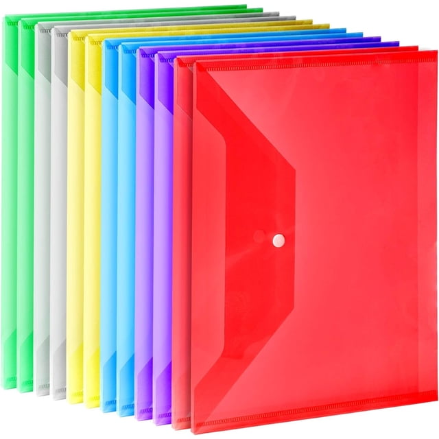 Carpetas de archivos, paquete de 12 sobres de plástico, carpeta de documentos A4, bolsas de archivos transparentes, bolsa para documentos, sobres de plástico con cierre a presión, 6 colores