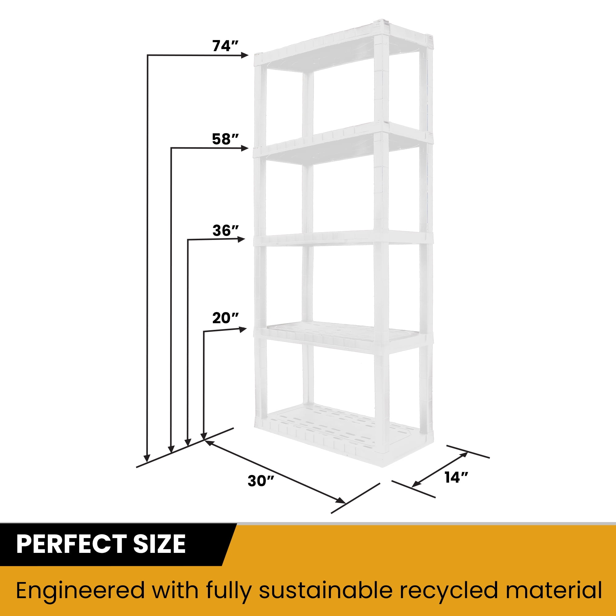 Hyper Tough Plastic Shelving Unit Storage Shelf 5-Tier White 75"H x 30"W x 14"D 500 lbs