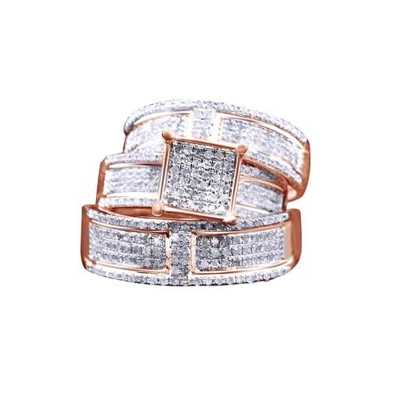 AFFY White Natural Diamond Engagement & Wedding Trio Band Ring Set In 10k Rose Gold (1.1 Cttw)