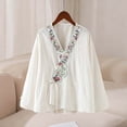 thumbnail image 5 of Long Sleeve Kimono Style Blouse for Women V Neck Embroidered Floral Frog Closure Relaxed Fit Lightweight Breathable Vintage Oriental Clothes, 5 of 7