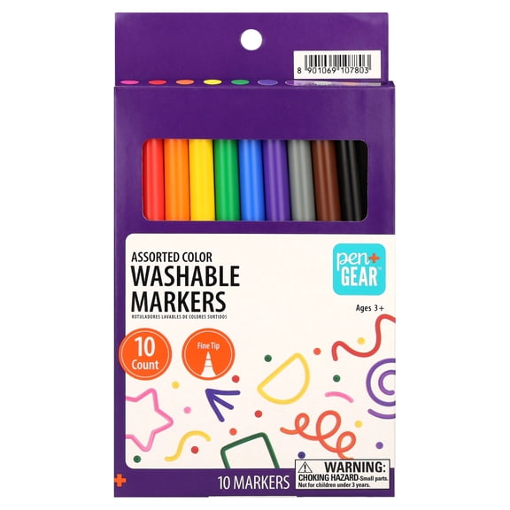 Pen+Gear Washable Markers, Fine Tip, Assorted Colors, 10 Count