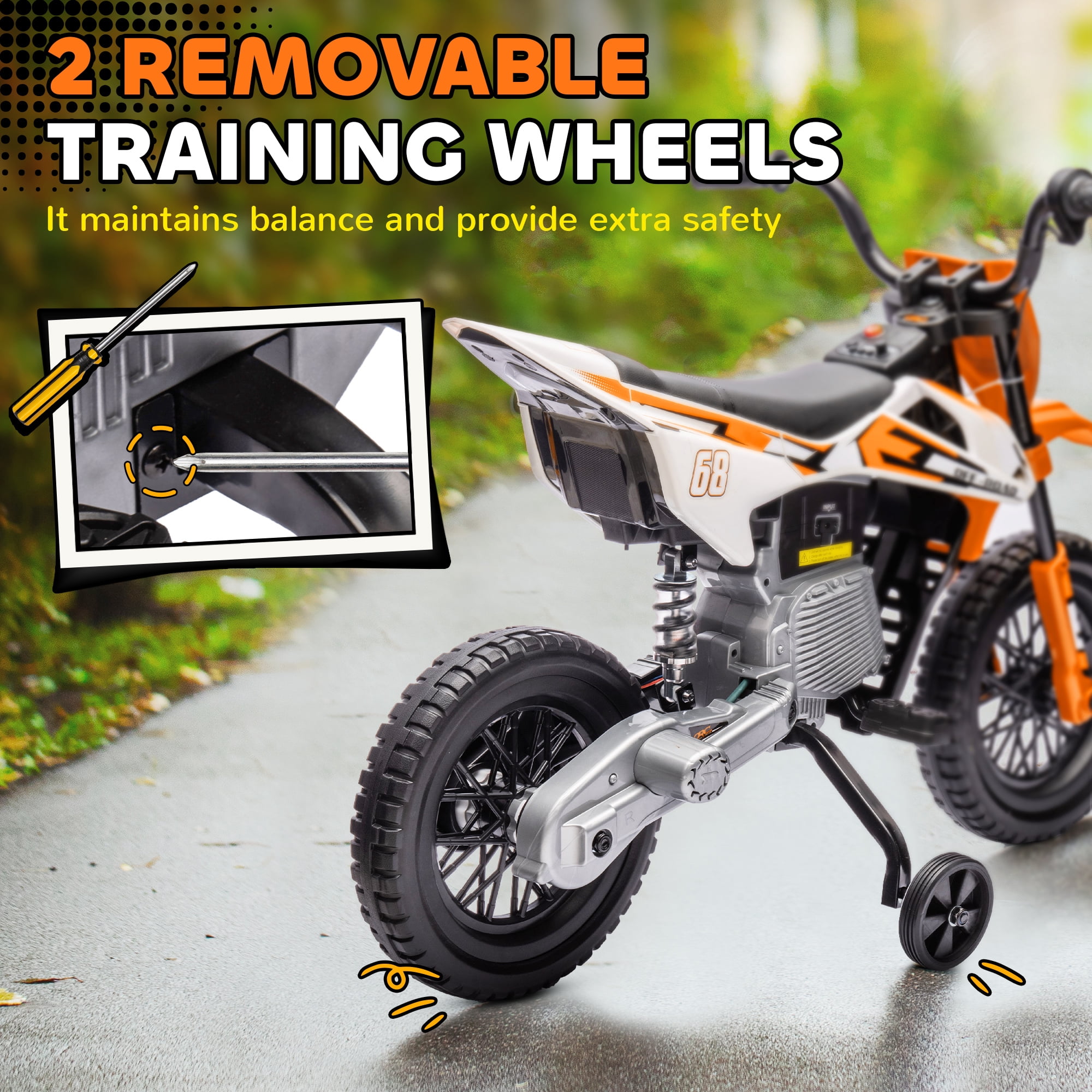 Qaba Kids Motorcycle with Twist Grip Throttle, 12V Electric Motorcycle with Training Wheels, Rear Suspension & Music, Orange