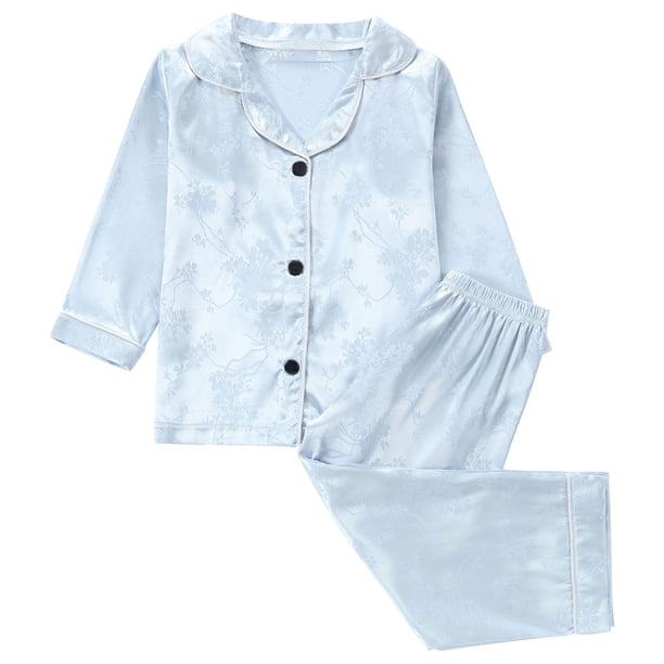 Odeerbi 1-8 Años Niños Niñas Pijama de Satén Con Solapa Entallada Camisa de Manga Larga Conjunto de Pantalones Suave Ropa de Dormir de Dos Piezas Pijama de Dos Piezas