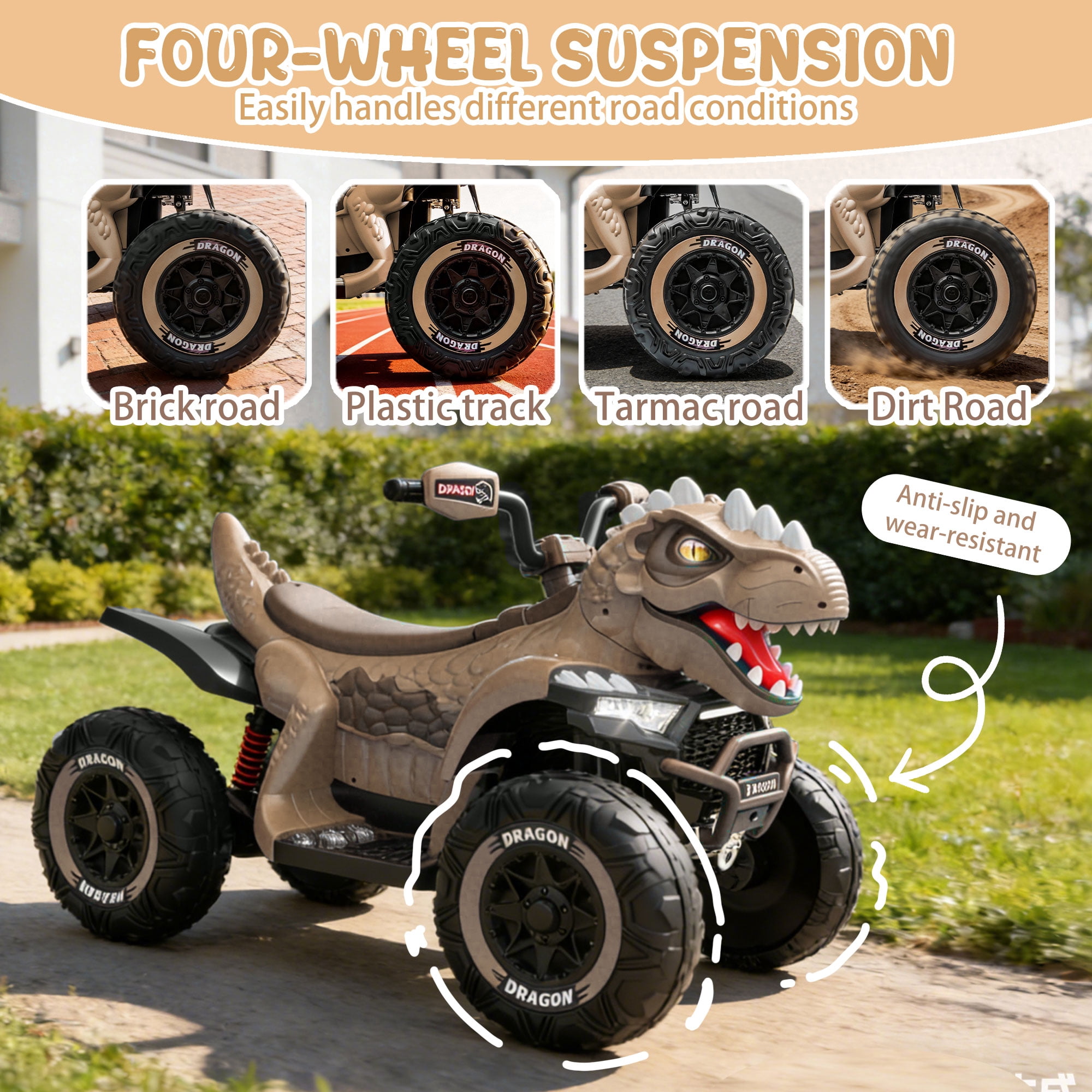 KEEPSUN 12V Ride on Toy for Kids, Dinosaur Ride on Car w/ Remote Control, 2-Seater 4 wheeler Kids ATV Quad with 100W*2 Motors, Bluetooth, Spring Suspension, Music, Cool Lights, Khaki
