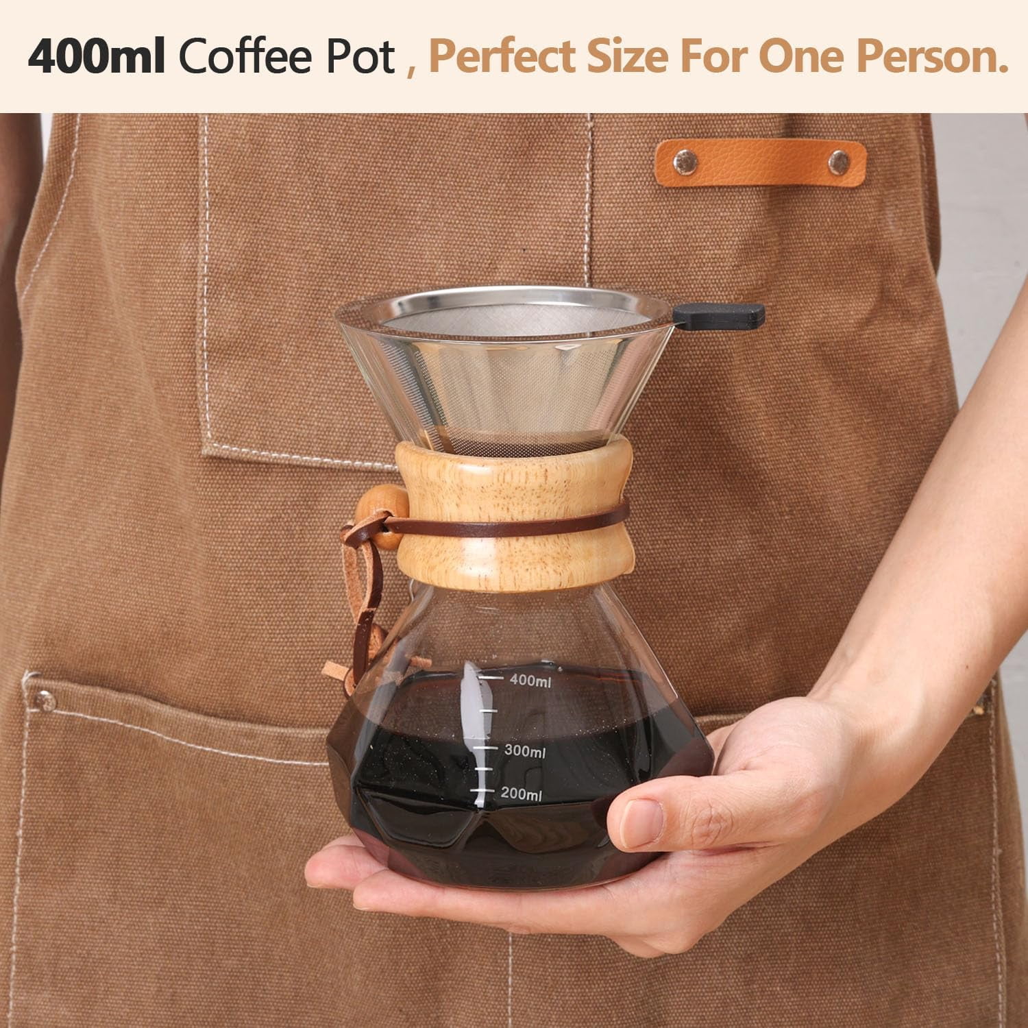 Pour Over Coffee Maker 14 OZ, 4 Cup Borosilicate Glass Drip Coffee Maker with Reusable Stainless Steel Filter and Cork Grip for Home Café 400 ML (Diamond Shape)
