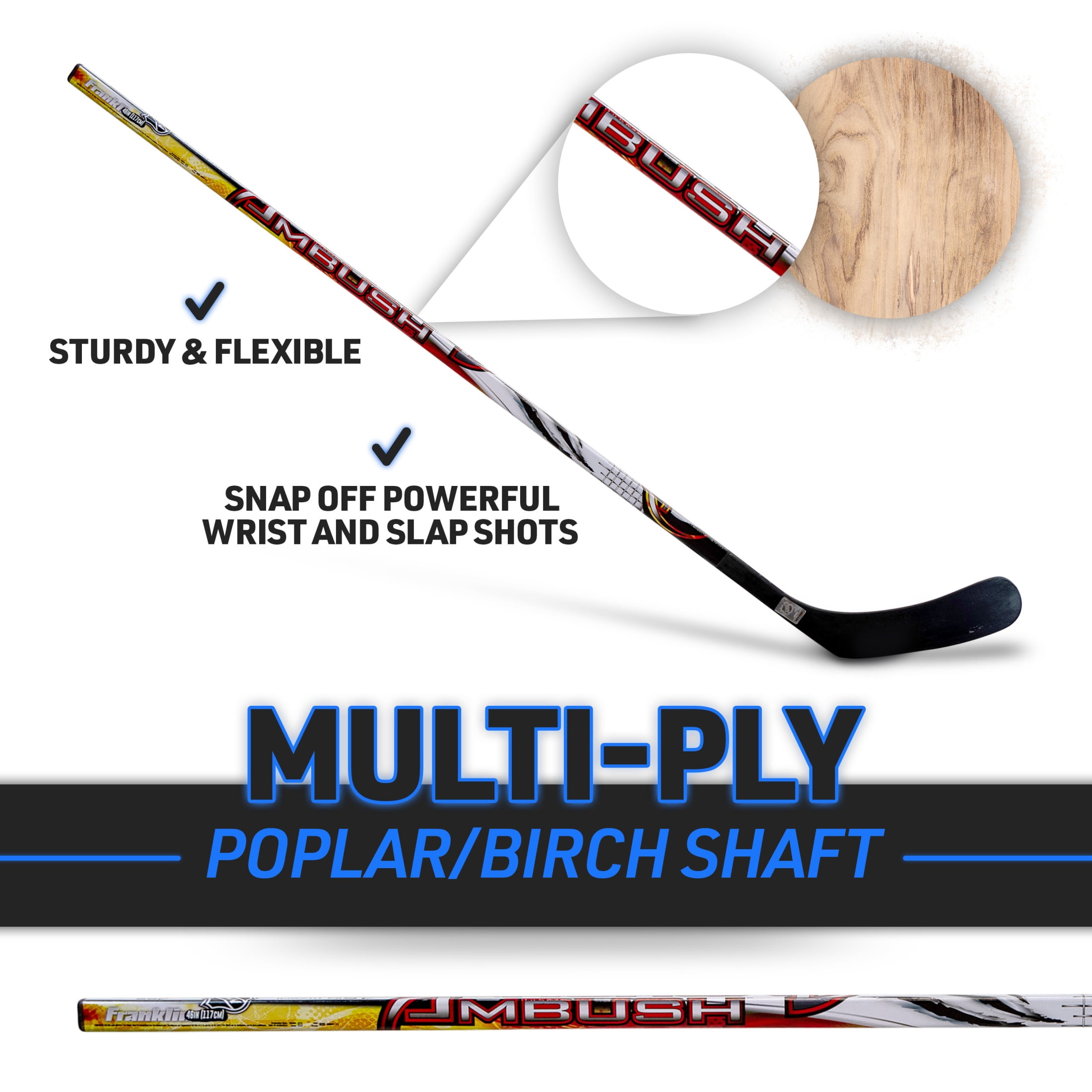 Franklin Sports Street Hockey Sticks - Ambush Junior Street Hockey Stick - Wood and Fiberglass Shaft - ABS Blade - One Piece Stick - 58" Right Handed
