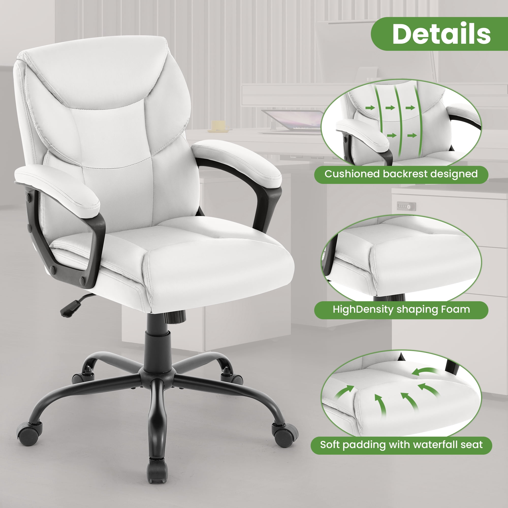JONPONY Leather Office Chair, Big and Tall 400lbs Ergonomic Desk Chairs with Back Support, Executive Leather Chair with Wheels for Home Office, 360°Swivel Free, White