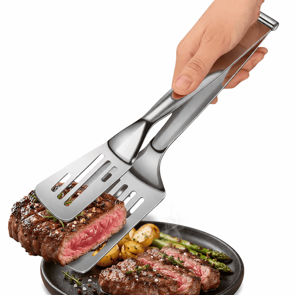 Kitchen Tongs Stainless Steel, 2 in 1 Detachable Cooking Tongs and Spatula, 12.8 Inch Multifunctional Tongs for Cooking, Frying, Grilling, Burgers, Steak and Pancakes