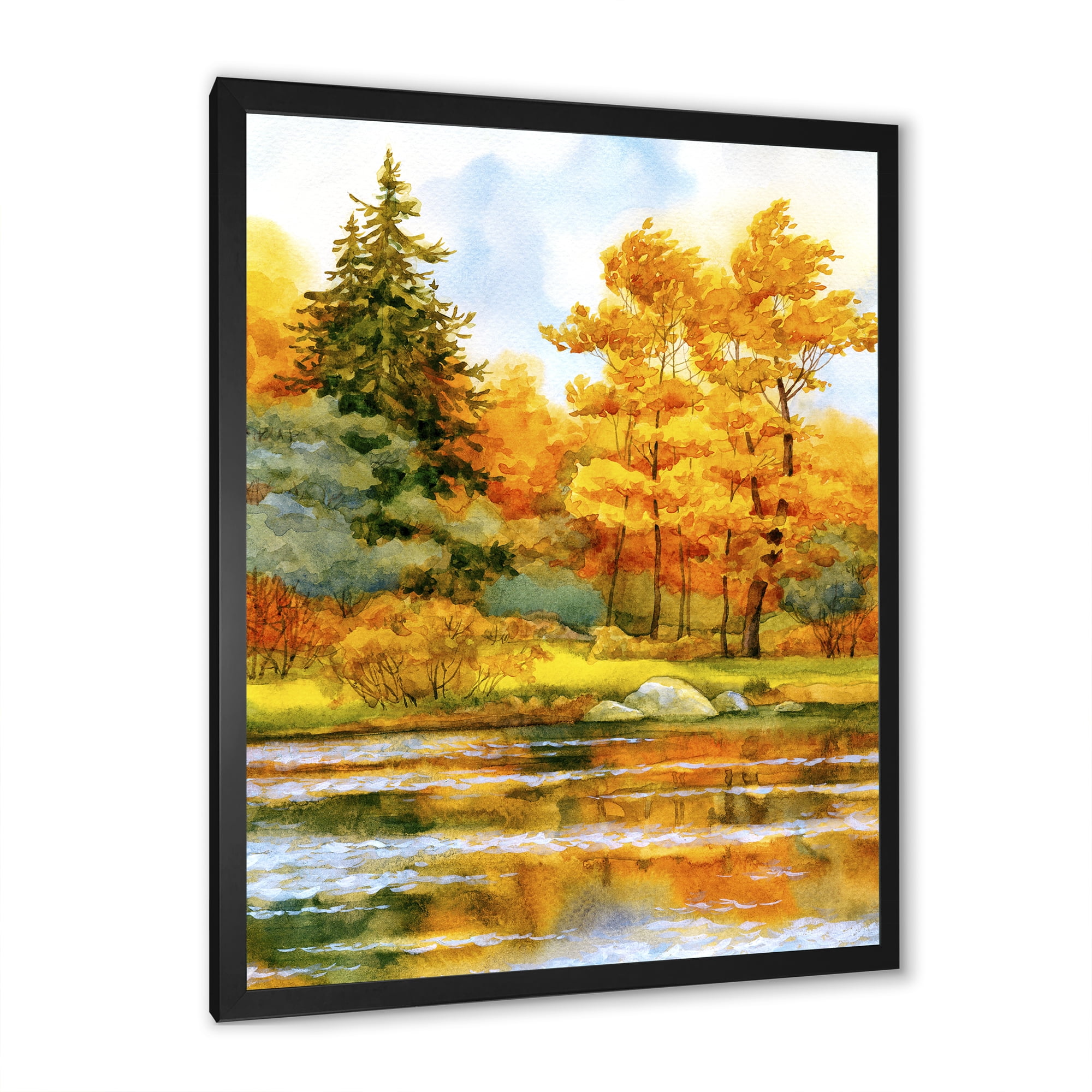 Designart 'Autumn Forest By The Lake Side II' Lake House Framed Art Print