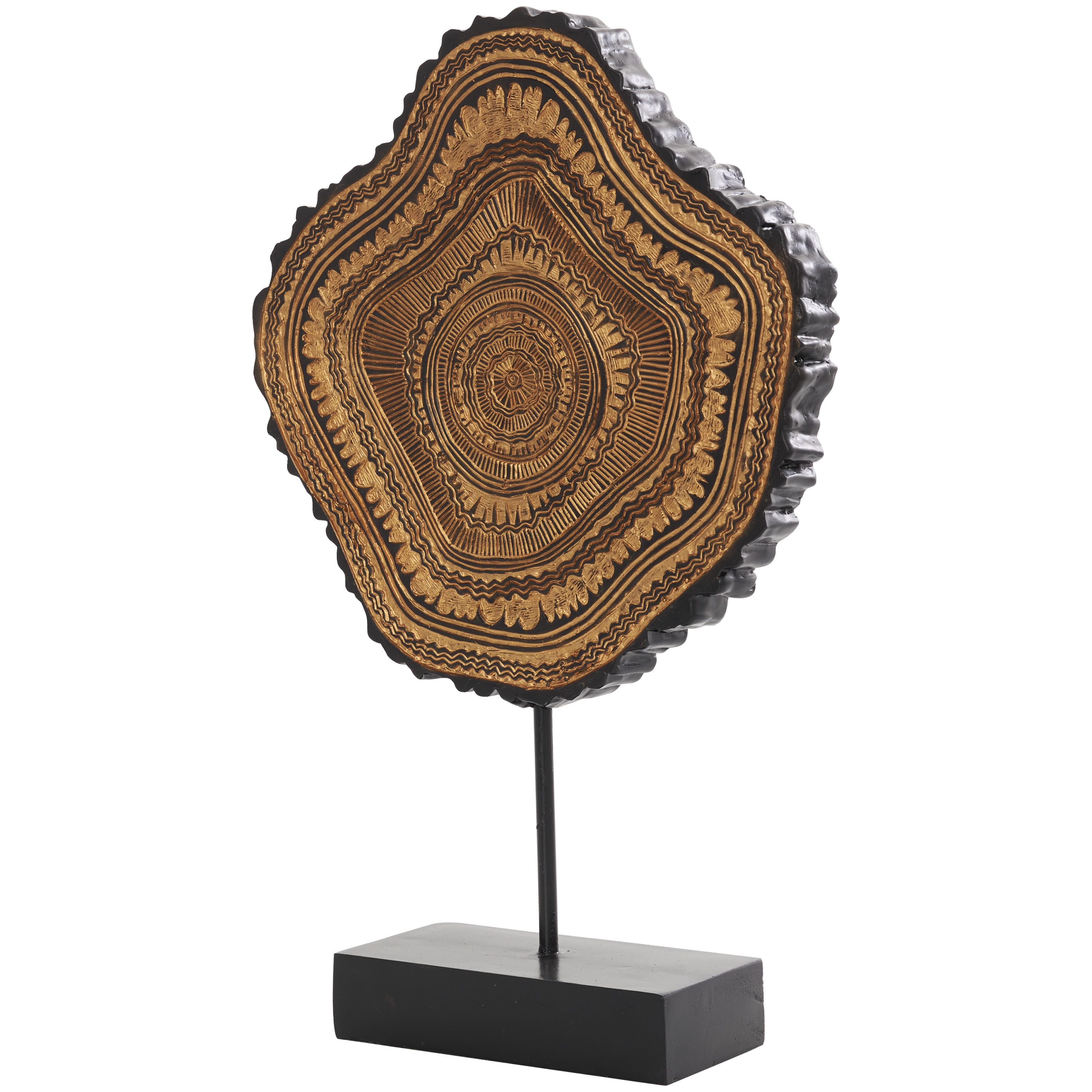 11" x 17" Brown Resin Abstract Carved Tribal Sculpture with Black Stand and Wavy Edge, by DecMode