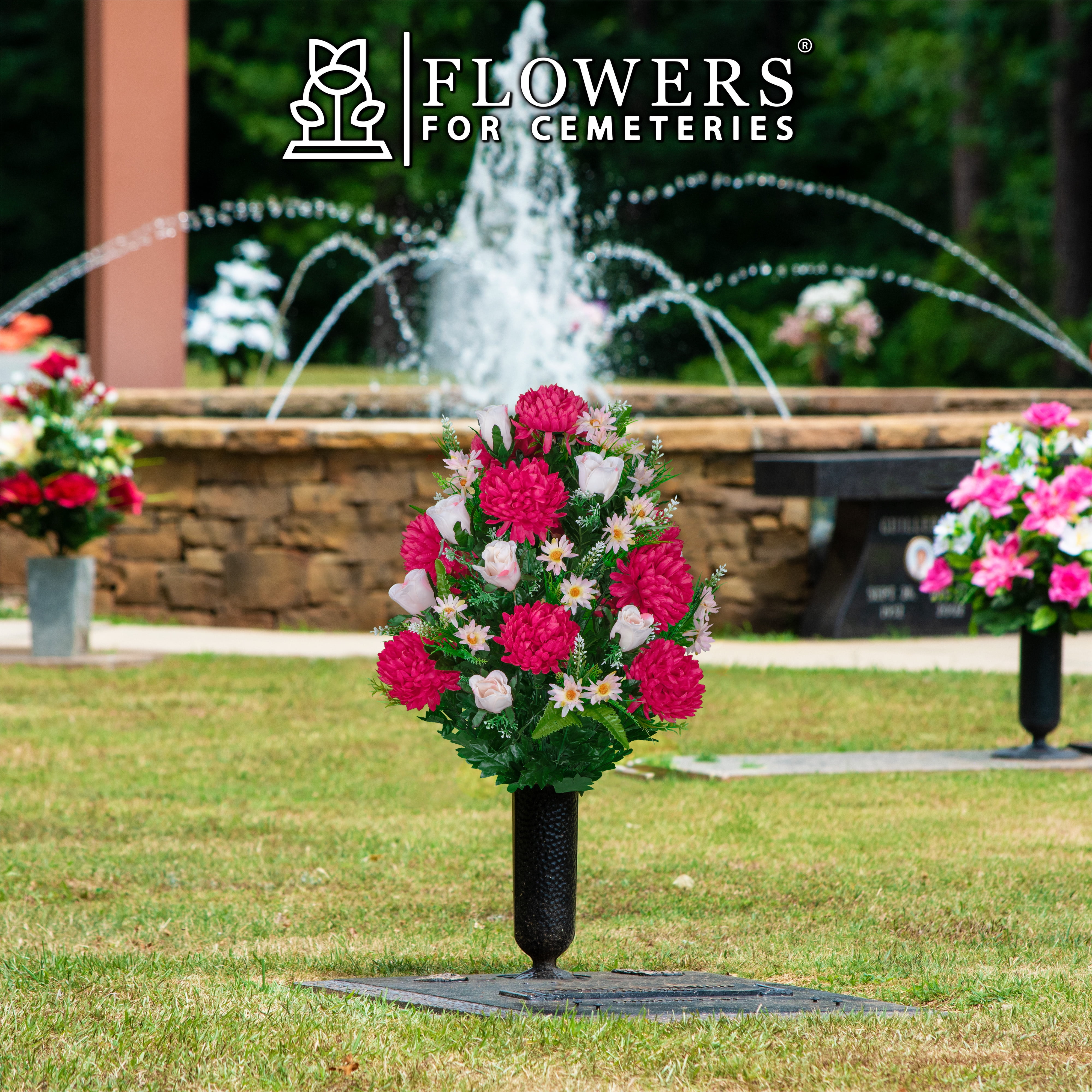 Sympathy Silks Artificial Cemetery Flowers Beauty Mums and Pink Roses Bouquet with Vase