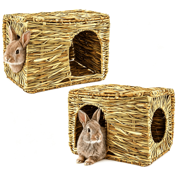 CYFW Extra Large Grass House for Rabbit, Foldable & Comfortable - Small Animal Hut Play Hideaway Bed Hay Mat Chew Toy for Bunny Guinea Pig Hamster Chinchilla (2 Pack)