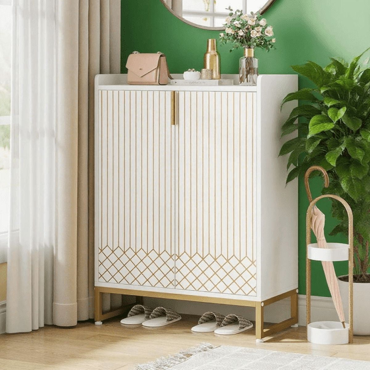5-Tier Shoe Cabinet - White with Gold Accents, 20-25 Pair Capacity, Slim Vertical Design, MDF & Steel Legs, Modern Minimalist for Entryway/Hallway