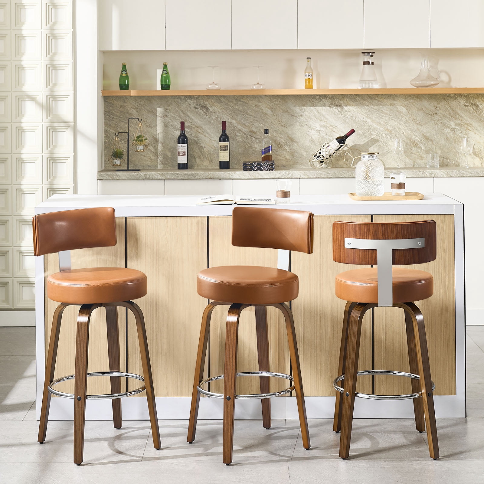 ANMINY Bar Stools Set of 2 360° Swivel with Back and Round Seat PU Leather Barstools 29" Bar Height Upholstered Bar Chairs Island Stools for Kitchen Counter