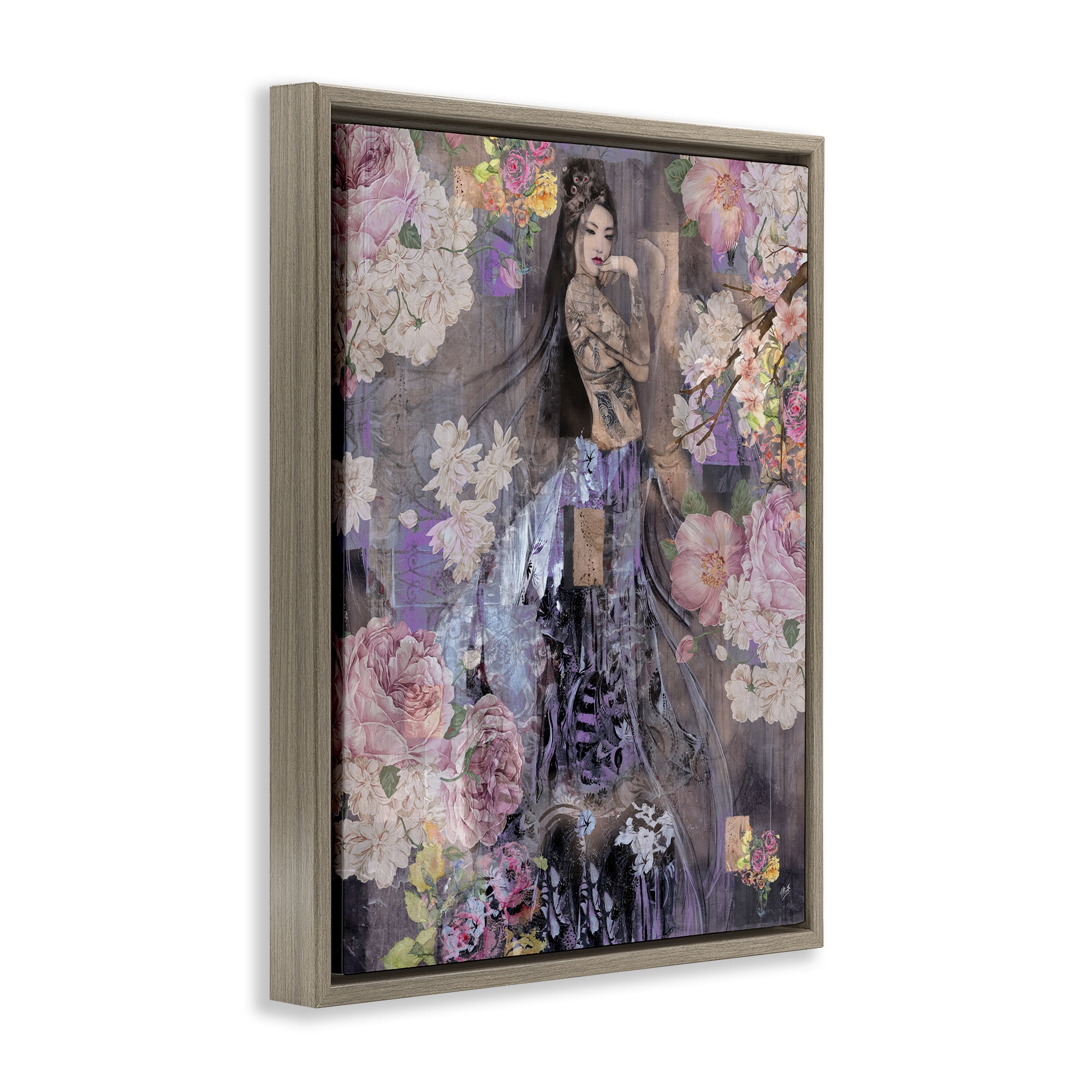 Stupell Industries Expressive Flowers & Woman People Painting Brown Floater Framed Canvas Art Print Wall Art, 17 x 21