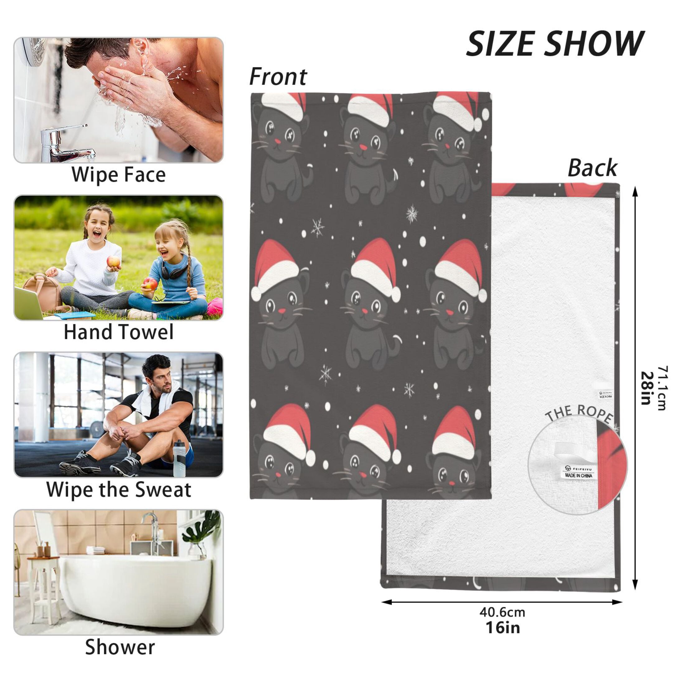 Cotton Towel Two-Piece 16x28 Inch One Sizex2 Face Towel Set Towel Set Cotton Hand Bath Towel Bathroom Beach Little Black Christmas Cat