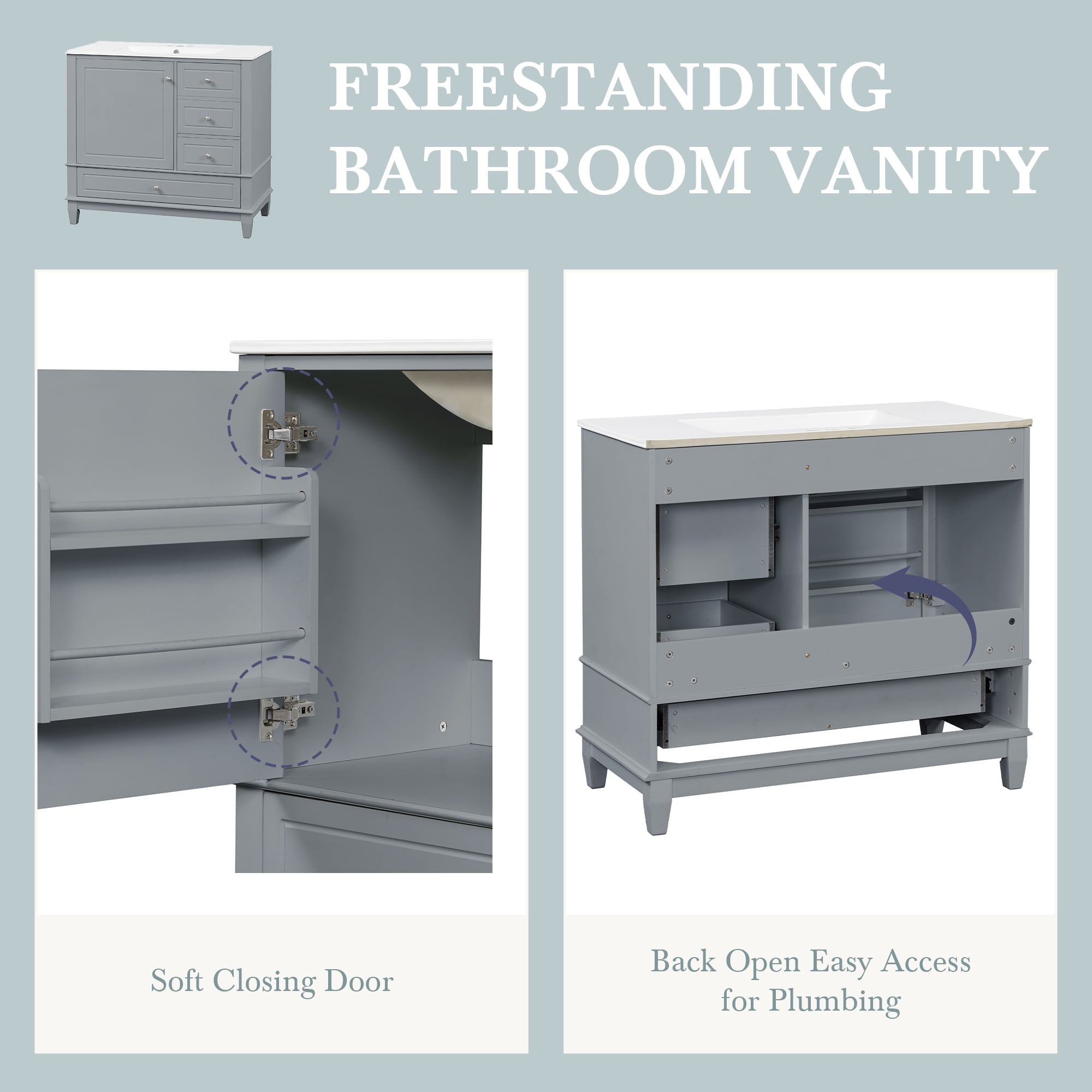 Aukfa 36" Bathroom Vanity with Ceramic Sink, Freestanding Solid Wood Base Cabinet,3 Drawers & Door Shelves,Gray