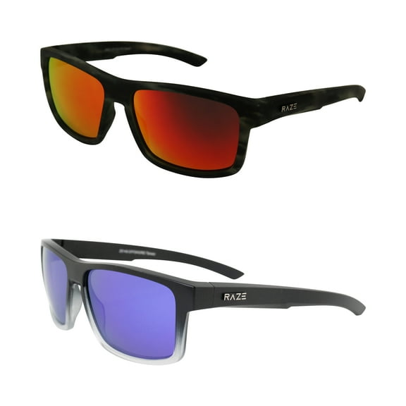 Raze Eyewear Offshore Sports & Boating Polarized Sunglasses for Men & Women Black Marble with Red Mirror & Black to Clear Fade Frame with Purple Mirrored Lenses 2 Pack