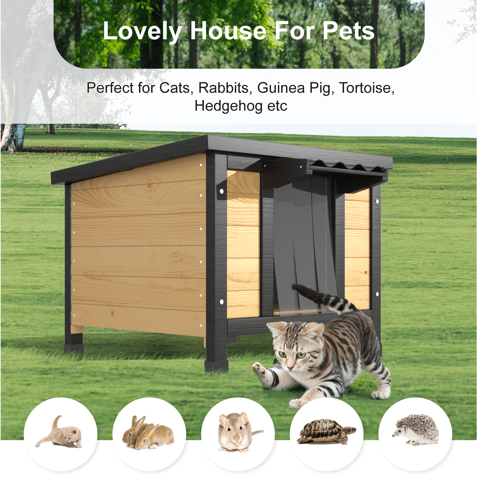 TIMHAKA Outdoor Cat House, Weatherproof Shelter for Cats, Dogs & Rabbits, Durable & Insulated Shelter for Garden, Patio & Backyard, Black & Yellow