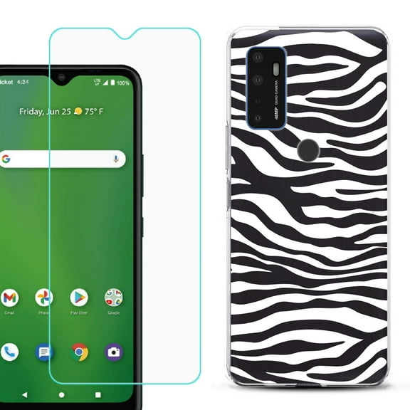 Shockproof Bumper Phone Case for AT&T Radiant Max 5G / Fusion 5G, with Tempered Glass Screen Protector, by OneToughShield ® - Zebra B/W