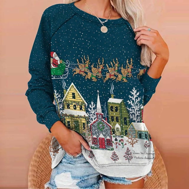 2023 Sweat-Shirt de Noël pour Femmes en Solde Imprimé de Noël Col Rond Pull Blouse Ample Sans Capuche