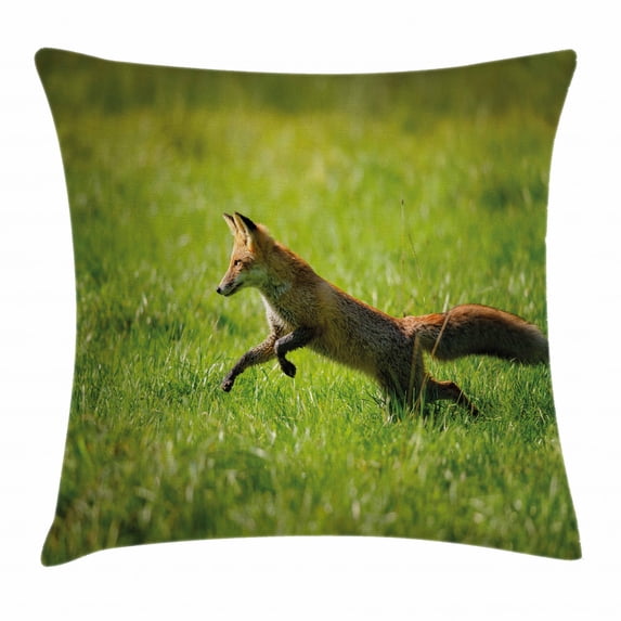 Fox Throw Pillow Cushion Cover, Red Fox Jumping Running in Fresh Green Grass Daytime Nimble Clever Ferocious Canine, Decorative Square Accent Pillow Case, 20 X 20 Inches, Green Brown, by Ambesonne