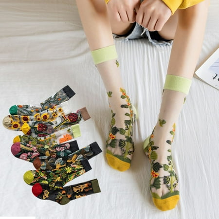 

1 Pair Ultrathin Transparent Glass Silk Girls Socks Embroidery Flower Leaves Summer Socks Female Accessories