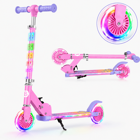 BELEEV Kids Scooter with LED Light-Up Wheels & Deck, 2 Wheel Folding Scooter for Toddlers Girls Boys Ages 3-12, Adjustable Handlebar, Lean to Steer, Extra-Wide Wheels, Kick Scooter for Childre, Pink
