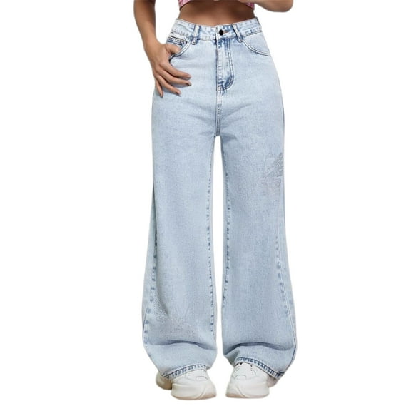 HXWCHs High-Waisted Women's Jeans Slim Fit & Comfortable Women's Distressed High Rise Wide Leg Flare Denim Pants with Rhinestone Embellishments for Casual Daily Wear Blue S