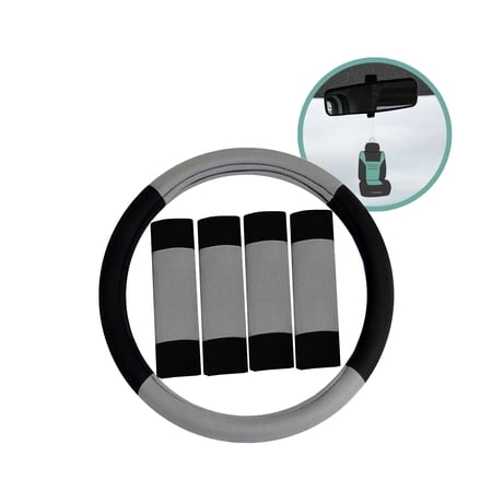 FH Group Modernistic Seat Belt Pads and Steering Wheel Cover (Gray) with Air Freshener AFFH2033GRAY