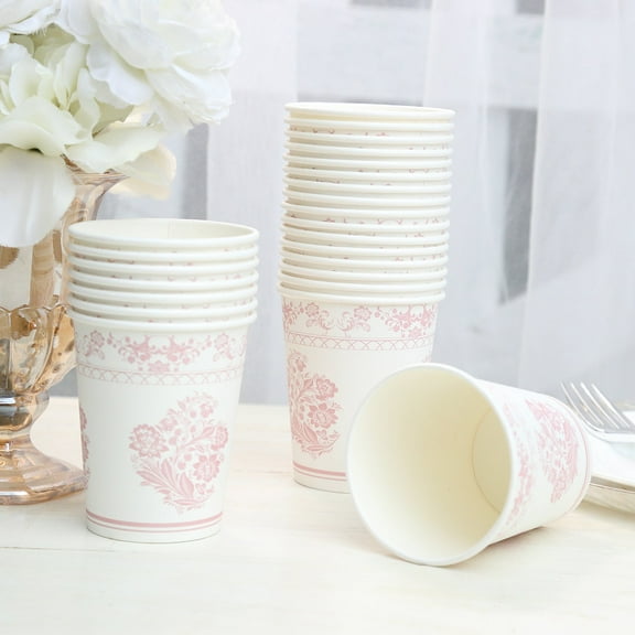 Efavormart 24 Pack | 9oz White Pink French Toile Floral Paper Cups, Elegant Disposable Party Cups