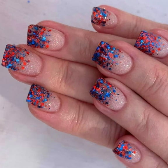 JZROCKER 4th of July Glues on Nails Short Square Fake Nails Independence Day French Tip Press on Nails Artificial Acrylic Nails