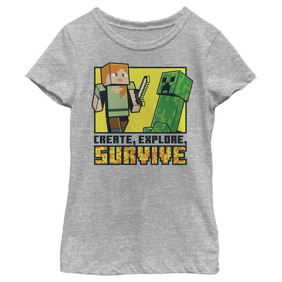 Girl's Minecraft Create Explore Survive  Graphic Tee Athletic Heather X Large