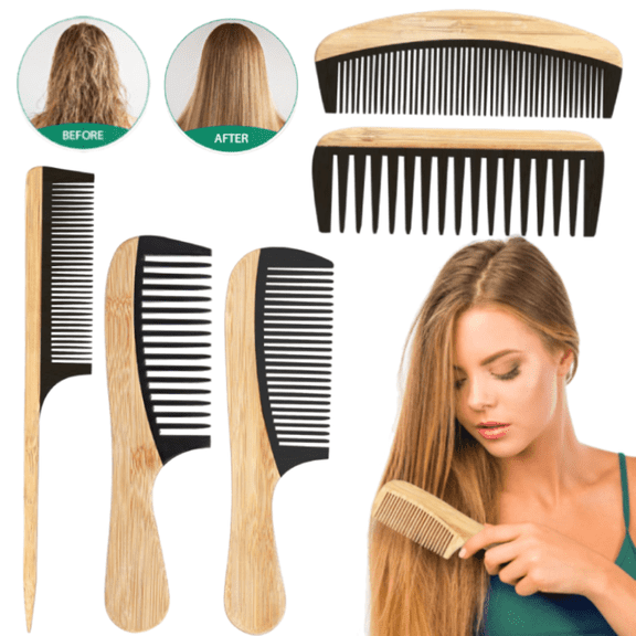 5Pcs Wooden Combs Bamboo Anti-Static Wood Hair Comb for Women Men Thick Wavy or Straight Hair