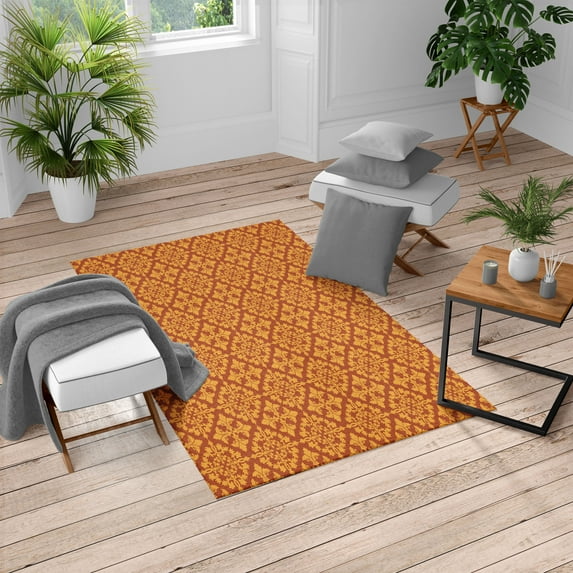 Retro Turkish Area Rug, Antique Victorian Floral Patterns in Modern Graphic Print Old Fashioned Art, Carpet for Living Room Decor, 6.6' X 9.6', Rust and Marigold, by Ambesonne