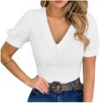 thumbnail image 1 of Blusa informal sólida de manga corta con cuello en V de verano para mujer a la moda Fridja  bn3977, 1 of 7