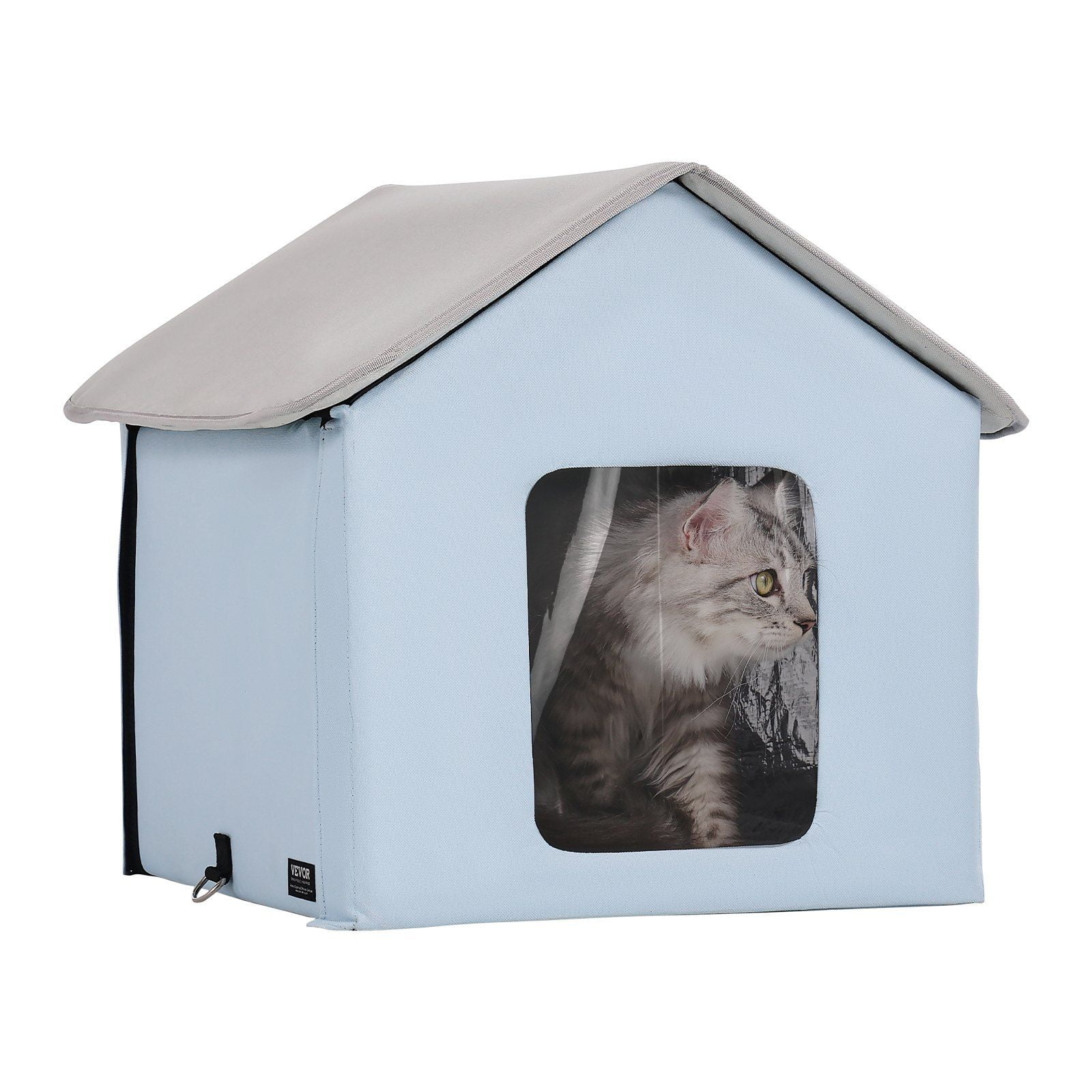 Foldable Heated Cat House with Removable Warming Pad, Insulated Outdoor Kitty Shelter for Winter, Water-Resistant Blue Small Pet Bed