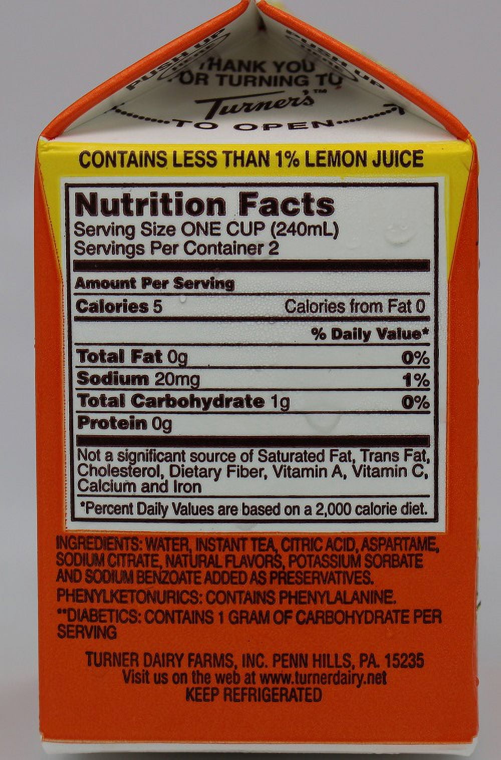 Turner's Low Calorie Lemon Flavored Iced Tea, 1 Pint