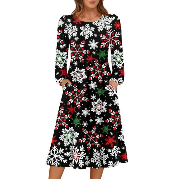 Women's Christmas Printed Fashionable Loose Round-Neck Dress, Holiday Print, Casual Wear, Retro Style, Comfort Fit, Everyday Dress, Festive,Black,2XL