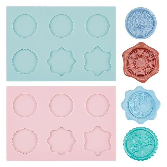 2 Pcs 2 Colors Wax Seal Molds 3.74x5.31x0.18 Inch Mixed Shapes Wax Seal Mat 6-Cavity Silicone Wax Seal Stamp Molds