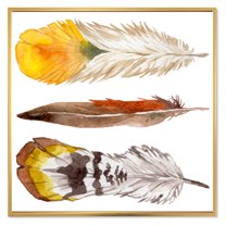 Designart 'Ethnic Yellow Feather From Wing On White' Bohemian & Eclectic Framed Canvas Wall Art Print