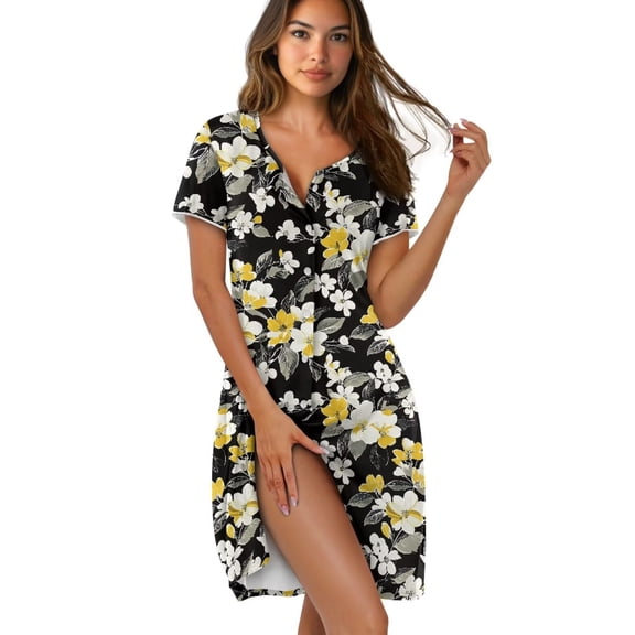 Yuyamidu Flowers Print Nightgowns for Women Button Down Sleep Shirt Short Sleeve Nightshirt Summer Casual Lounge Dress