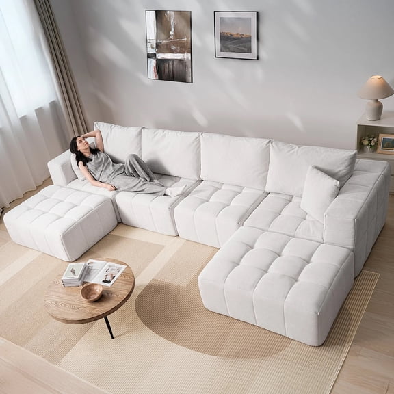 146" Oversized U-Shaped Modular Cloud Sectional Sofa for Living Room, No Assembly, White