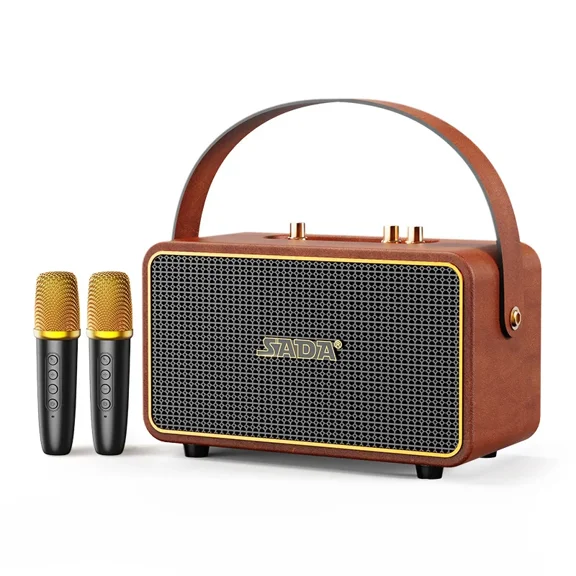 Brand New Wooden Retro Leather Home High Power Speaker Indoor Wireless Bluetooth Speaker With Microphone Portable Retro Karaoke