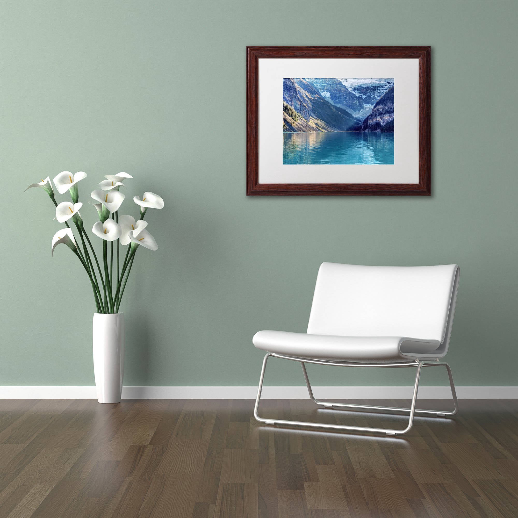 Trademark Fine Art 'Lake Louise Sunlight' Canvas Art by Pierre Leclerc, White Matte, Wood Frame
