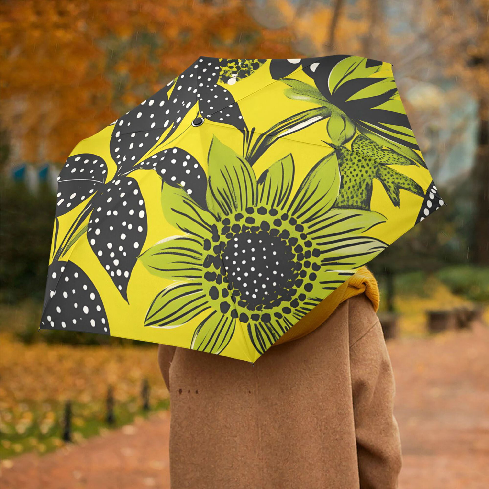 FORMRS Travel Umbrella Folding Auto Open Close Windproof Rain UV Protection, Yellow Flowers