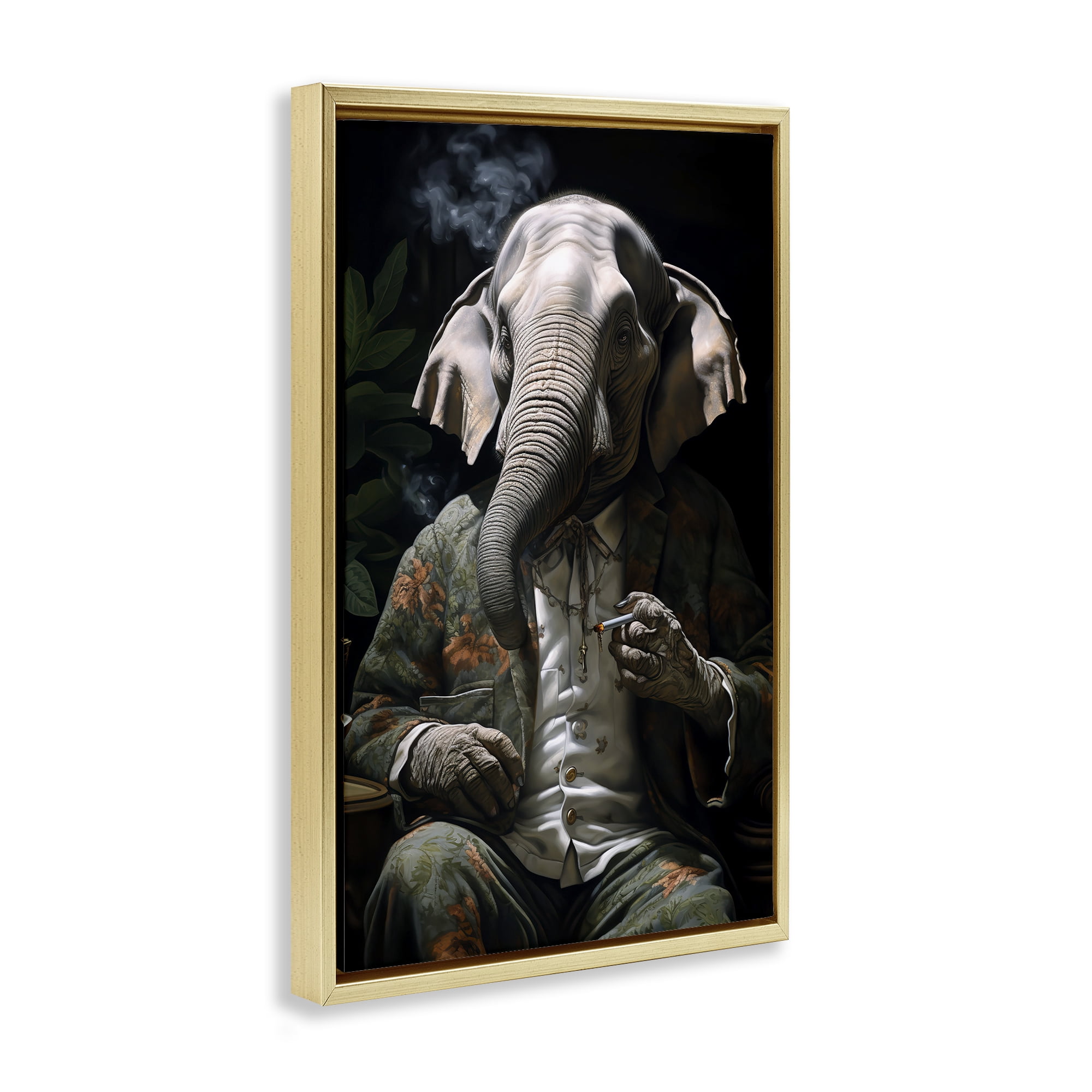 Stupell Industries Elephant Smoking Cigarette Novelty Painting Gold Floater Framed Canvas Art Print Wall Art, 21 x 31