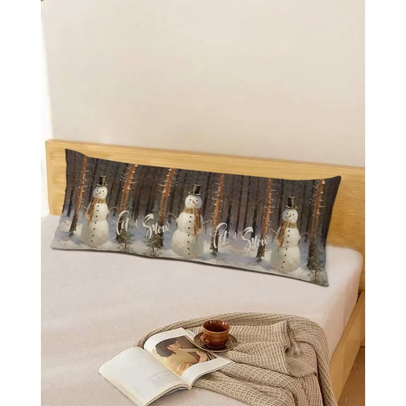Christmas Throw Pillow Cover, Snowy Forest Snowman Oil Painting Rectangle Decorative Pillow Case Protector Soft Cushion Cover Lumbar Pillowcase for Couch Sofa Bedroom Car Chair Decor 20x54 Inch